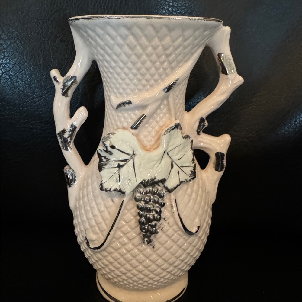 Porcelain light pink 7" vase with grapes vintage Japan